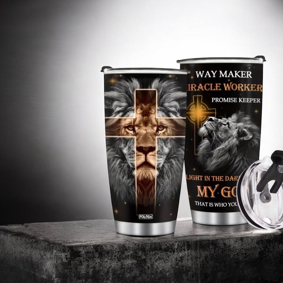 Lion Design Tumbler with Cross - Black and Gold - Picture 3 of 6